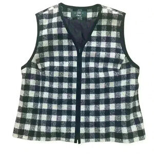 Orvis Women’s Wool Vest Size 14 Black White Checked Zipper Front Outdoor Fall